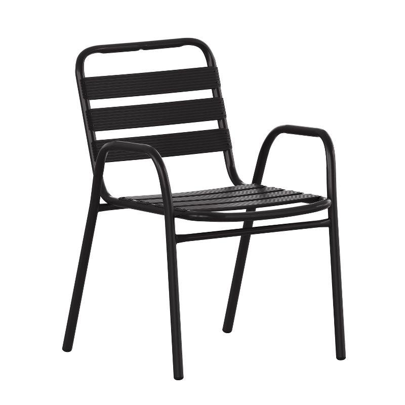 Flash Furniture Lila Commercial Black Metal Indoor-Outdoor Restaurant Stack Chair with Metal Triple Slat Back and Arms
