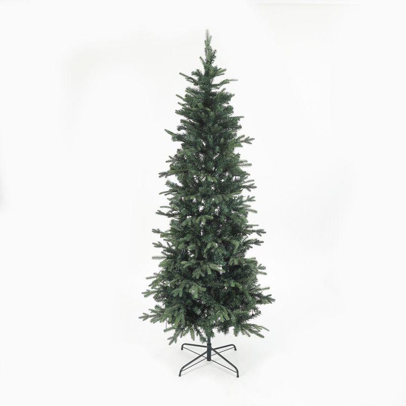 LuxenHome 7.1Ft Christmas Tree, Pre-Lit Tall Slim Fir Artificial Christmas Tree with Metal Stand, Skinny Christmas Tree with LED Light Green