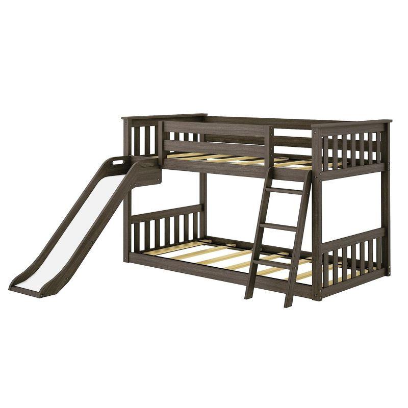Max & Lily Twin Over Twin Low Bunk Bed with Slide, Solid Wood Kids Platform Bed with 14” Guardrails, Clay