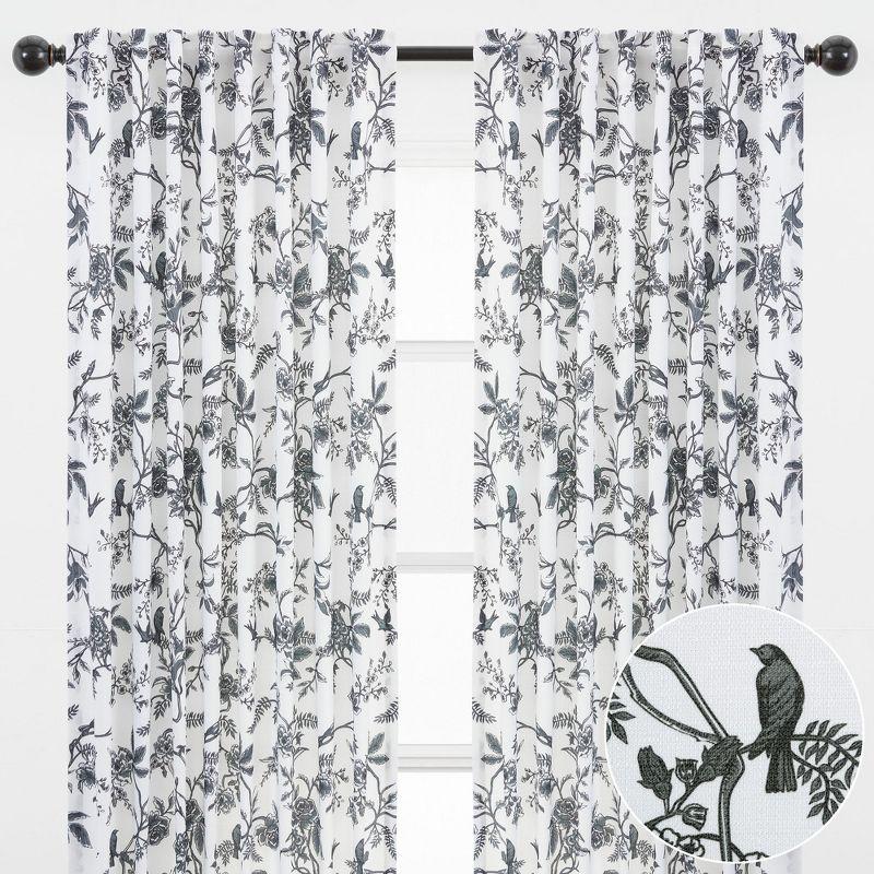 Charcoal Blooms Faux Linen Light Filtering Drapes, 2-Piece Set