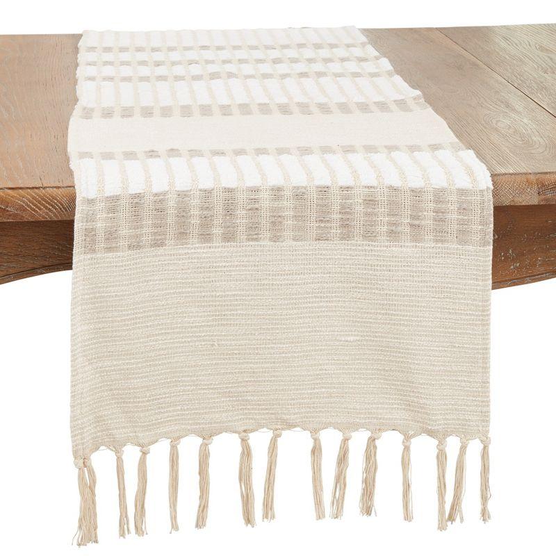 Beige and White Cotton Woven Striped Table Runner