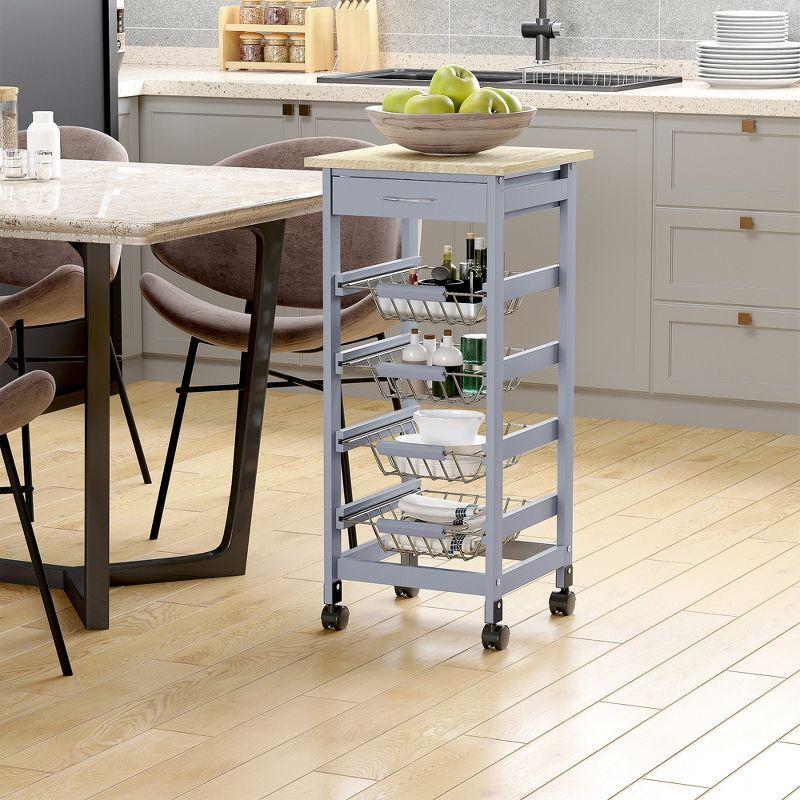 Gray Wooden Rolling Kitchen Cart with Storage Drawer and Baskets