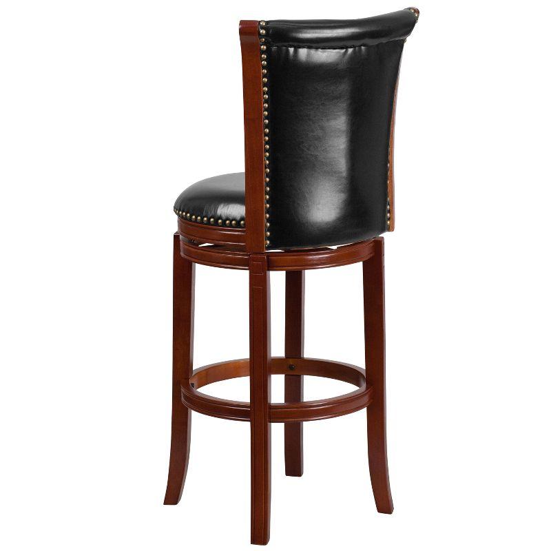 30" Dark Chestnut Wood and Black Leather Swivel Bar Stool