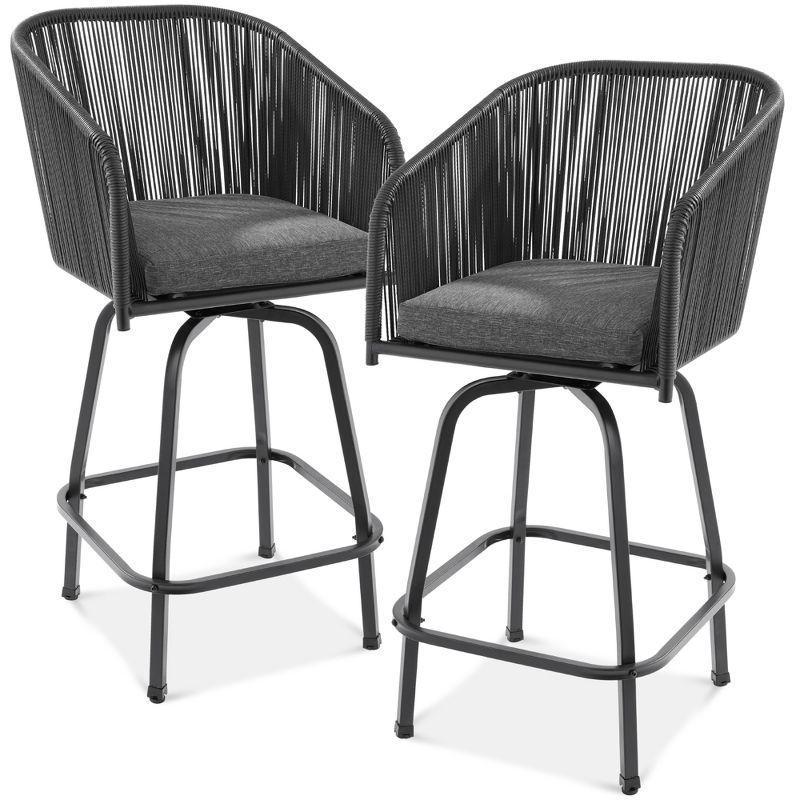 Best Choice Products Set of 2 Woven Wicker Swivel Barstools, Patio Bar Height Chairs w/ 360 Rotation - Black/Gray