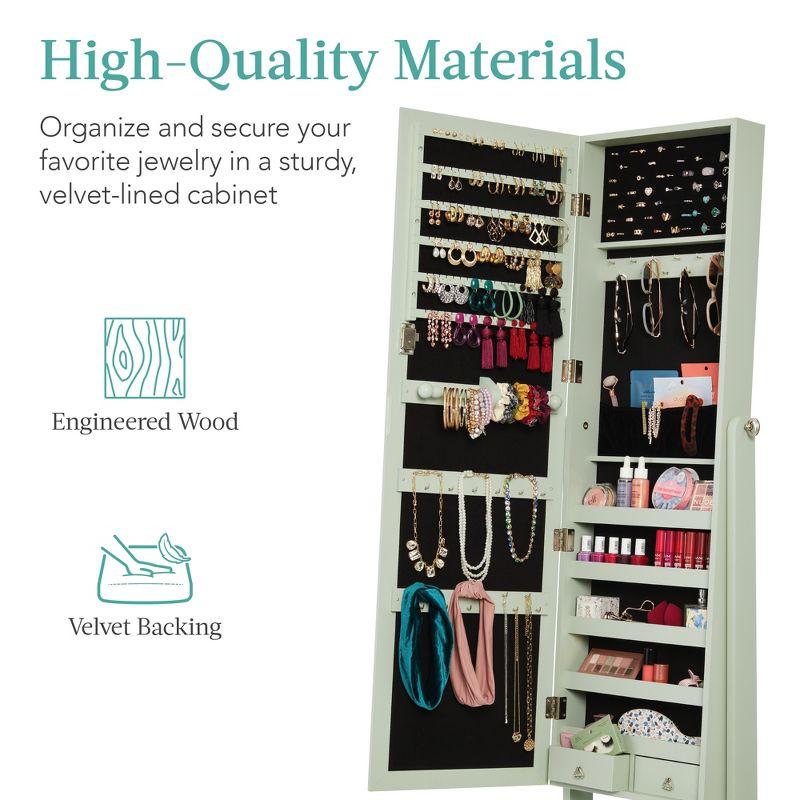 Best Choice Products Jewelry Armoire Cabinet, Full Length Mirror w/ Velvet Storage Interior, Lock - Sage