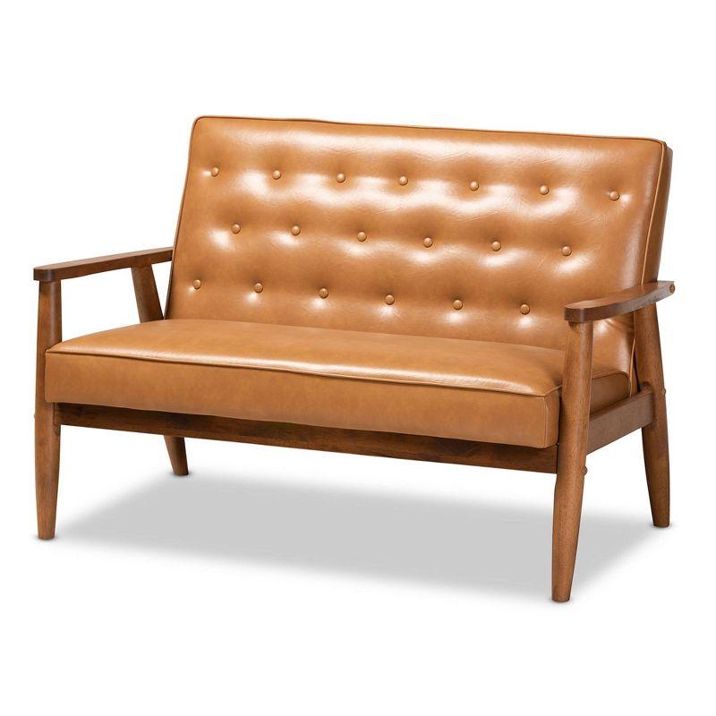 Tan Faux Leather Walnut Brown Wood Loveseat