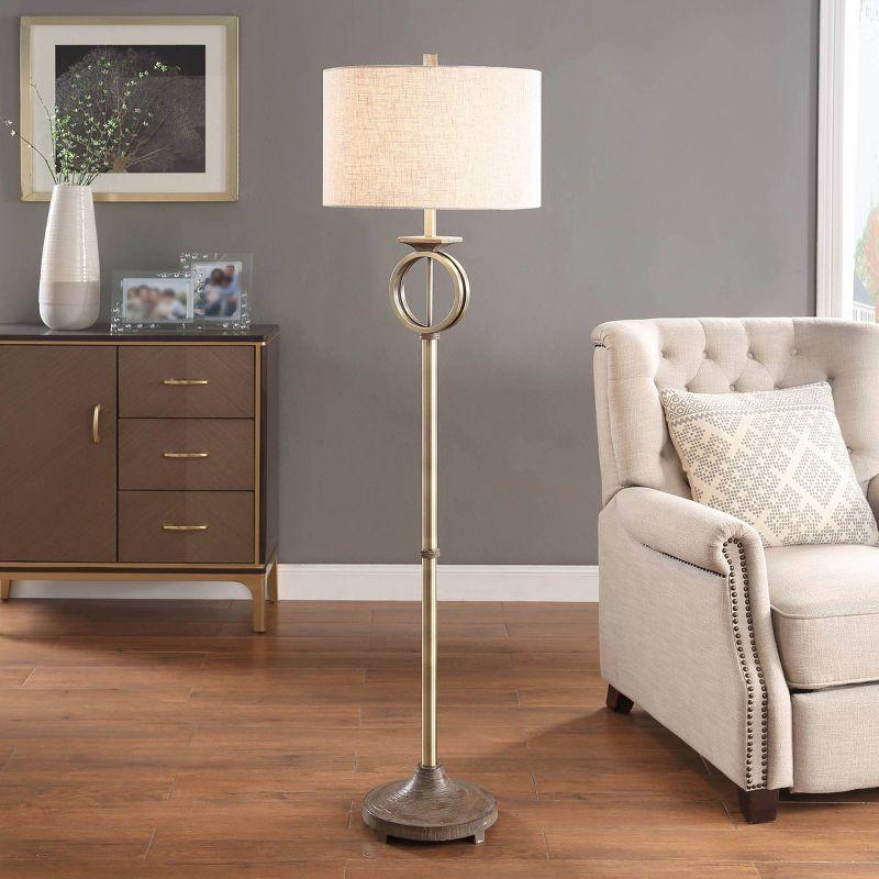 65" White Linen and Brass Floor Lamp with Wood Accents