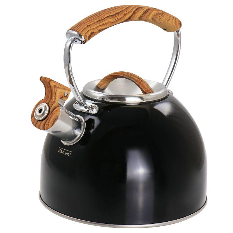 Black Stainless Steel Whistling Tea Kettle with Wood Pattern Handle