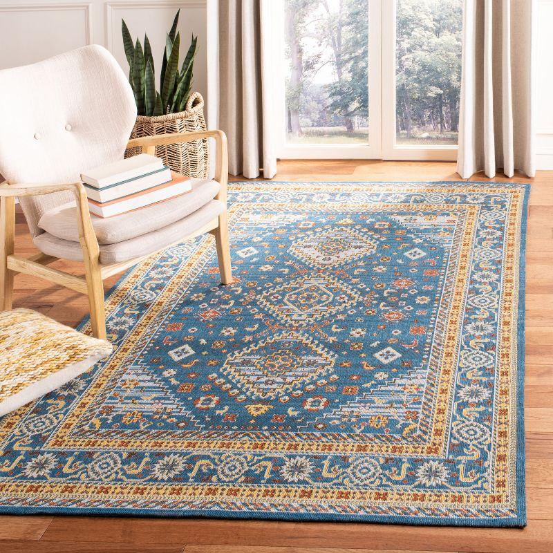 Elegant Vintage Blue & Gold 8' x 10' Flat Woven Cotton Rug