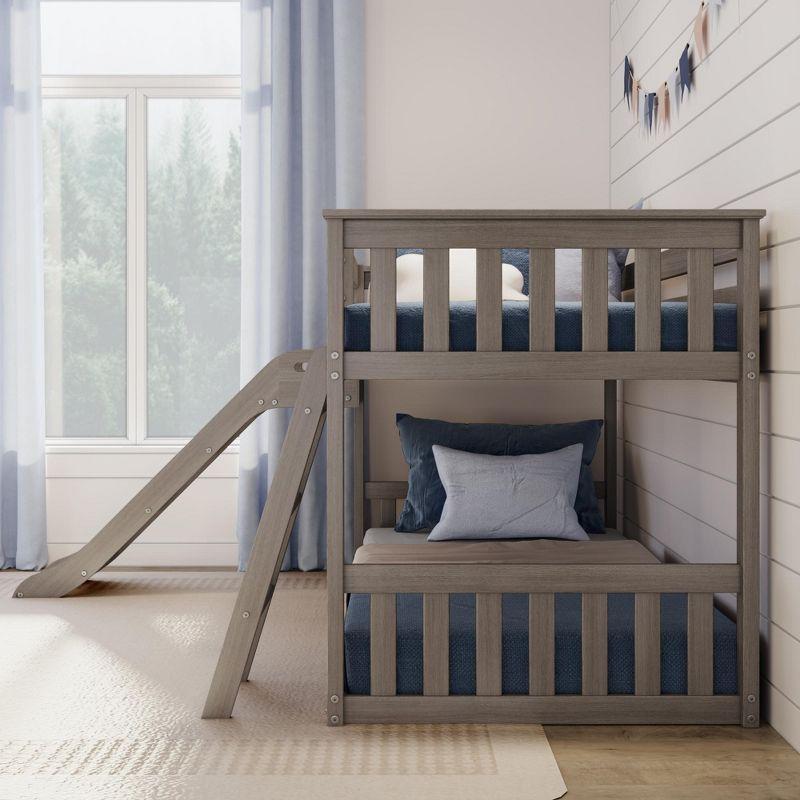 Max & Lily Twin Over Twin Low Bunk Bed with Slide, Solid Wood Kids Platform Bed with 14” Guardrails, Clay
