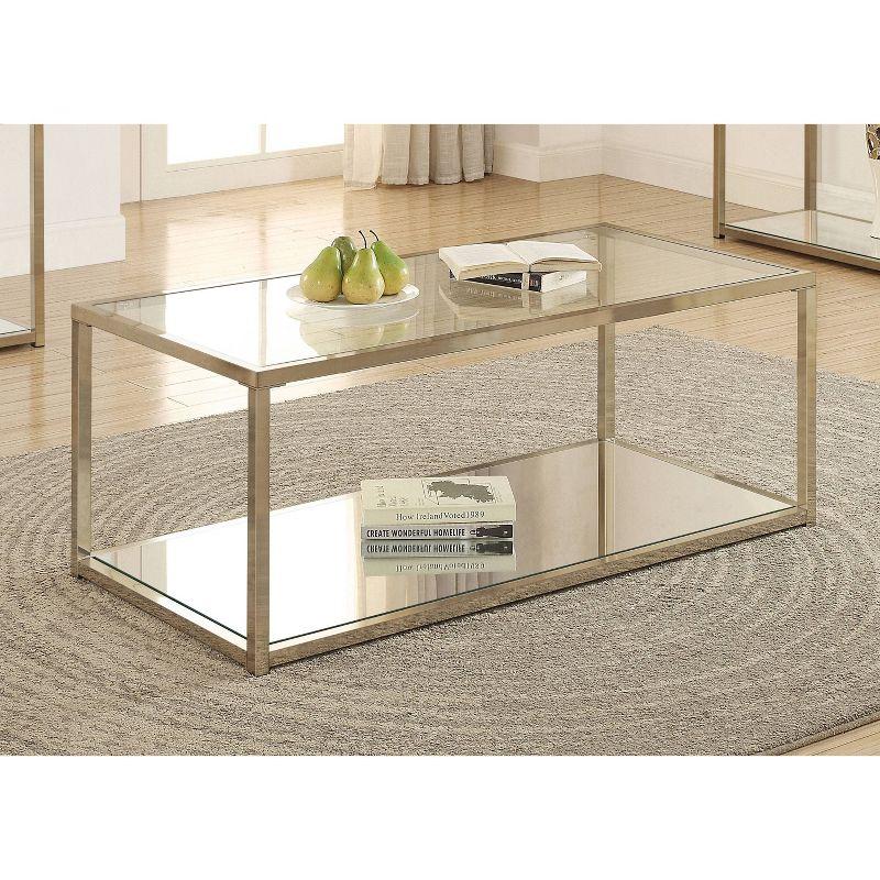 Cora Coffee Table with Glass Top and Mirror Shelf Brass - Coaster