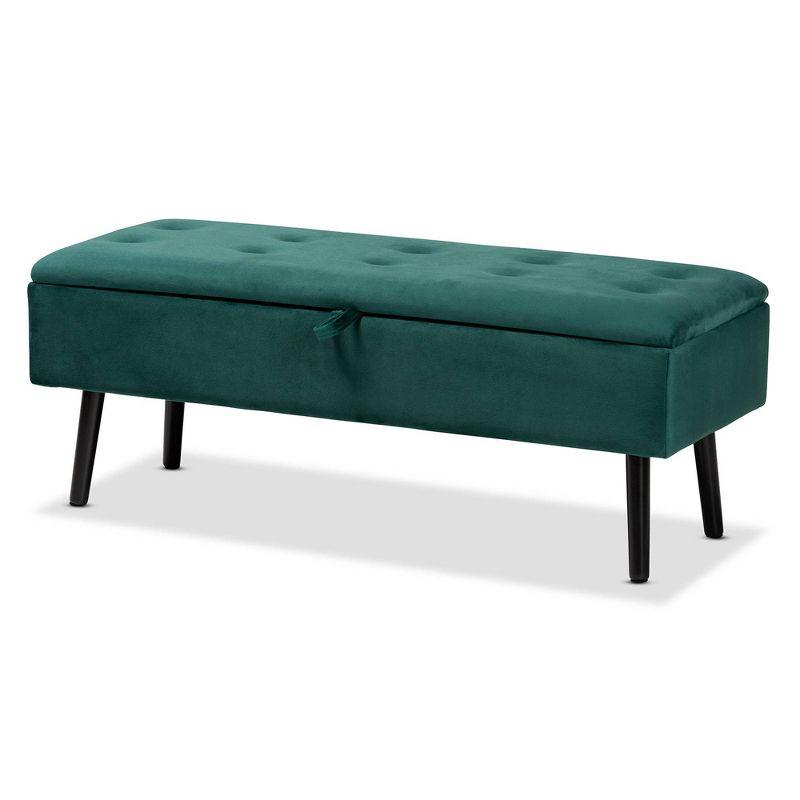 Caine Green Velvet Upholstered Storage Bench with Dark Wood Legs