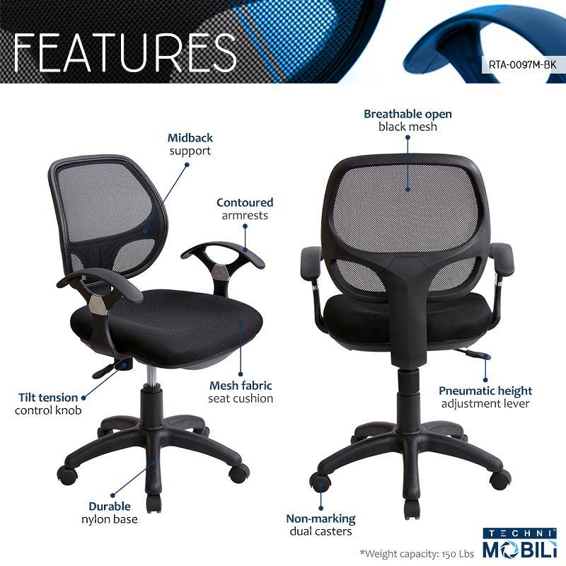 Midback Mesh Task Office Chair Black - Techni Mobili: Pneumatic, Swivel, 150lbs Capacity