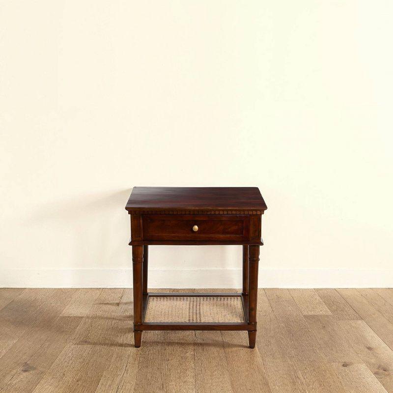 Storied Home Maxwelton Solid Wood End Accent Table Dark Chestnut/Natural: Traditional Style, Cane Shelf, Hidden Compartment