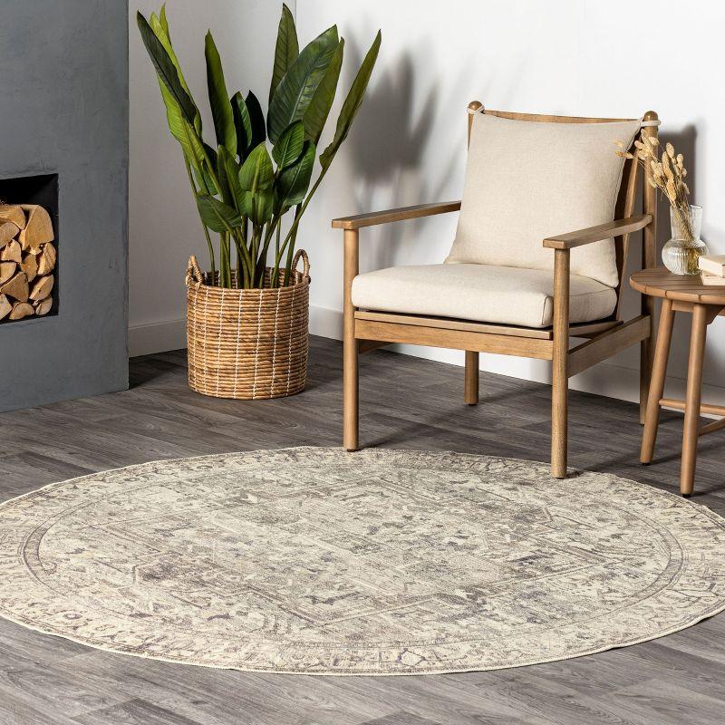 Nuloom 6 Round Machine Washable Rain Haven Vintage Medallion Indoor Area Rug, Grey Non-Slip Backing, Stain Resistant,  BedroomLiving Room, Kitchen