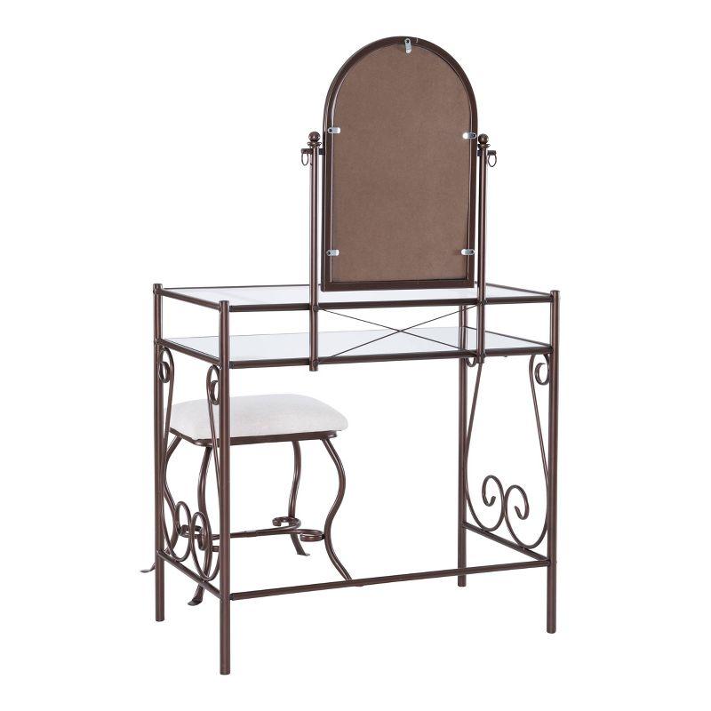 Clarisse Traditional Metal and Glass Shelf Adjustable Mirror Vanity and Upholstered Stool Brown - Linon