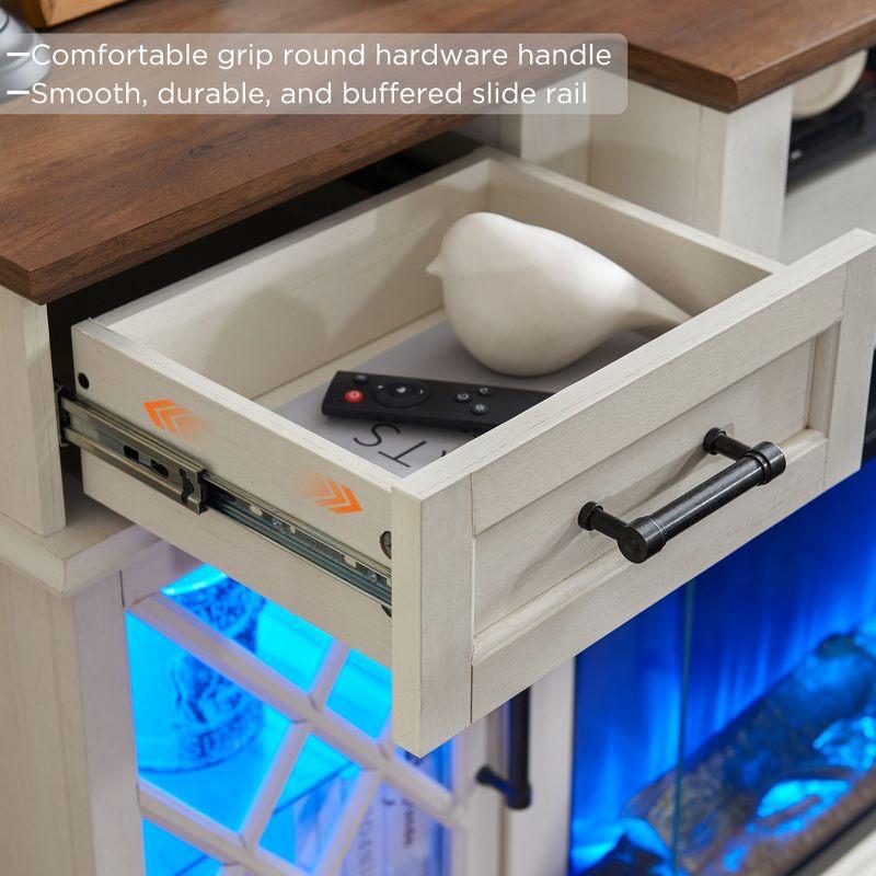 OKD 70" Farmhouse TV Stand w/Electric Fireplace & Glass Door Storage Cabinet, Antique White