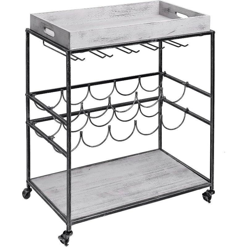 Old Dutch International Avalon Wine/Serving Cart 28" x 16" x 32" Antique Pewter, Barnwood Gray Stained Rubberwood 612BP