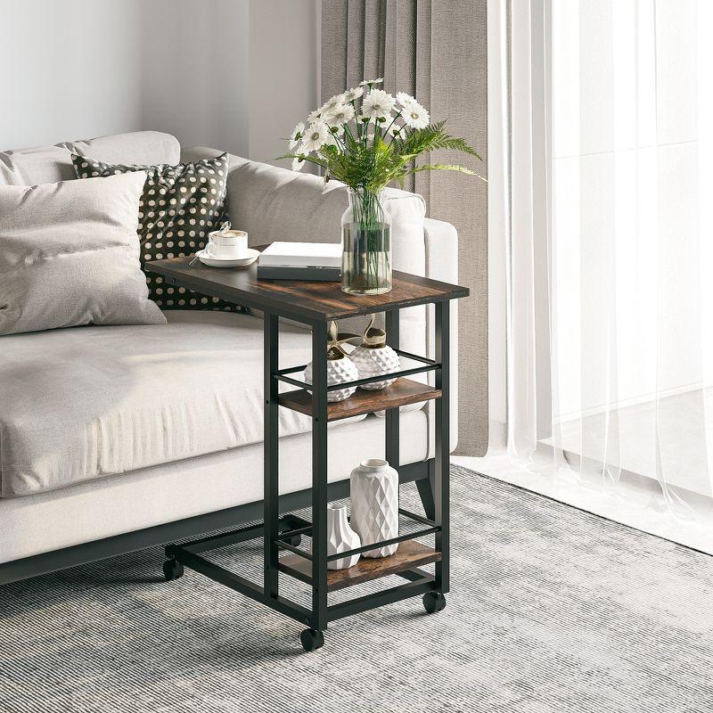 HOMCOM C Shaped End Table with Storage Shelves, Mobile Side Table with Wheels for Sofa Couch, Bed, Metal Frame