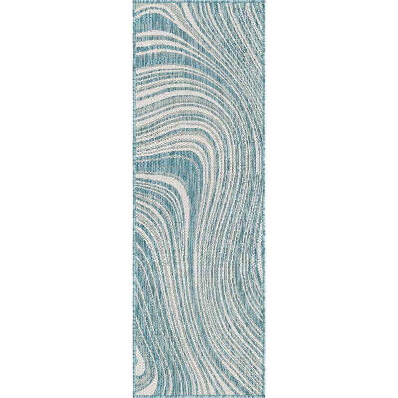 Light Aqua Abstract Flat Woven Outdoor Runner Rug