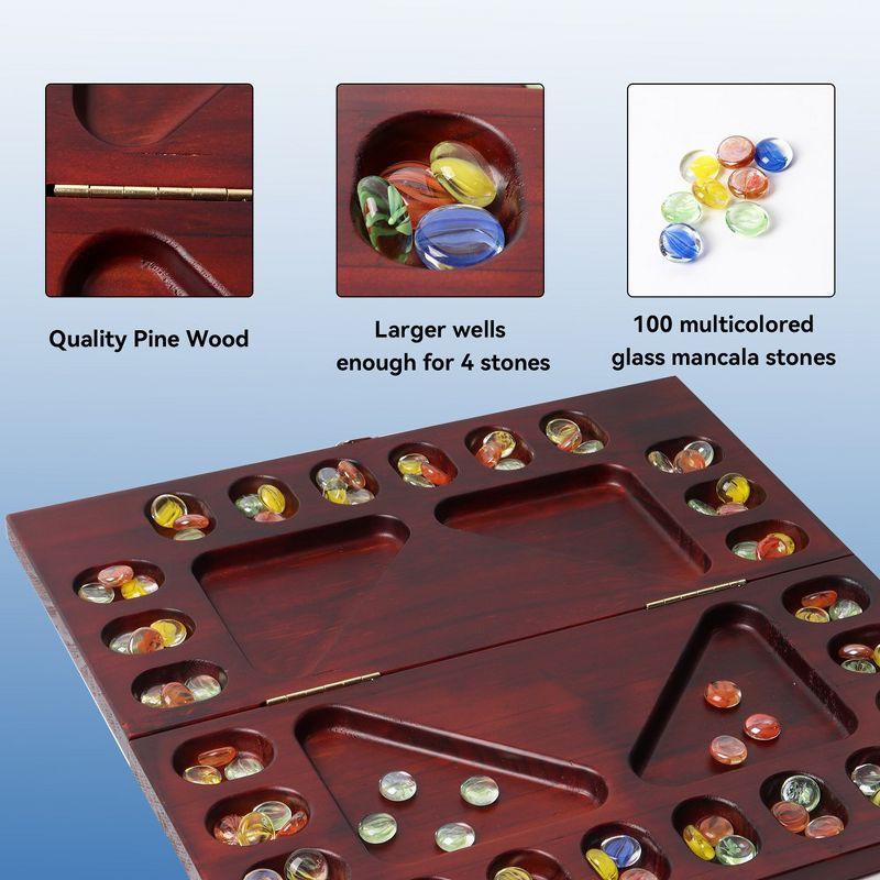 Mahogany Folding 4-Player Mancala Board Game with Multicolor Stones