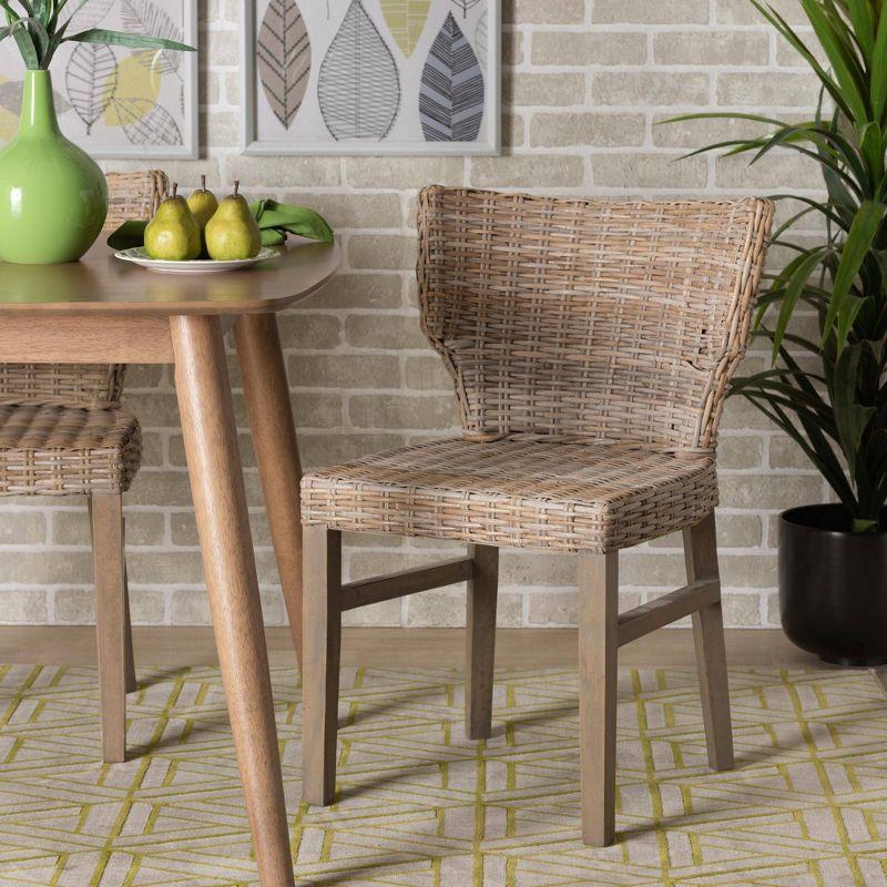 Rattan and Mahogany Wood Side Chair in Gray