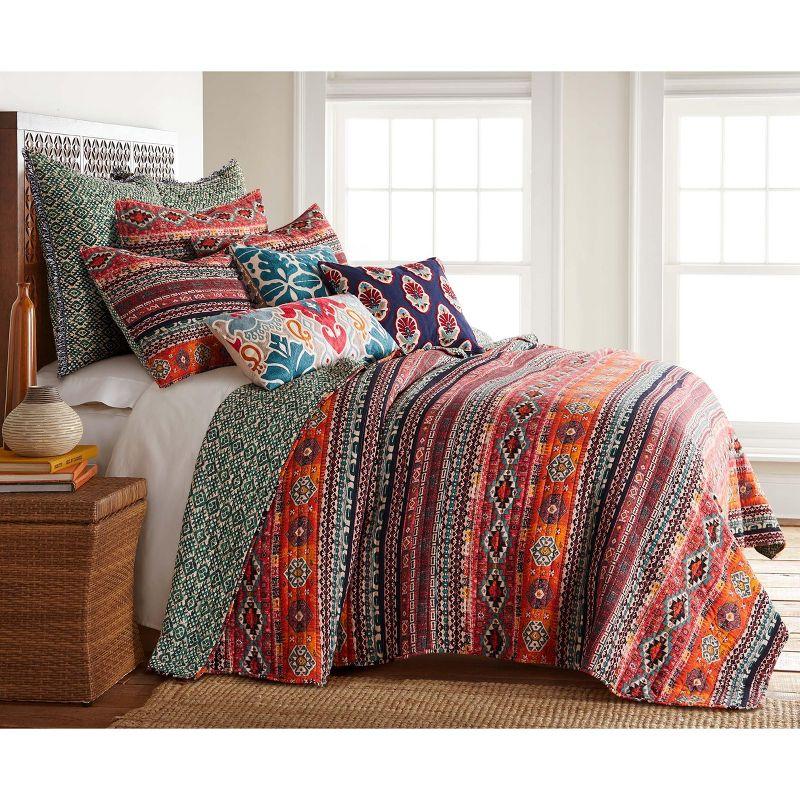Vista Aztec Stripe Quilt Set - Full/Queen Quilt and Two Standard Pillow Shams Orange, Green, Black - Levtex Home