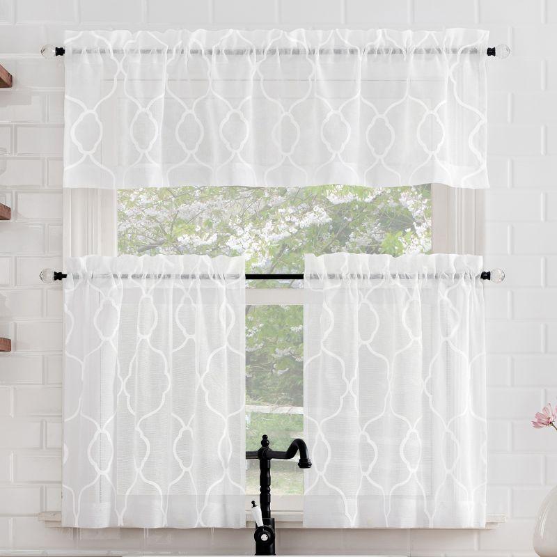 No. 918 Semi-Sheer Allerton Embroidered Trellis Curtain Valance and Tiers Set White