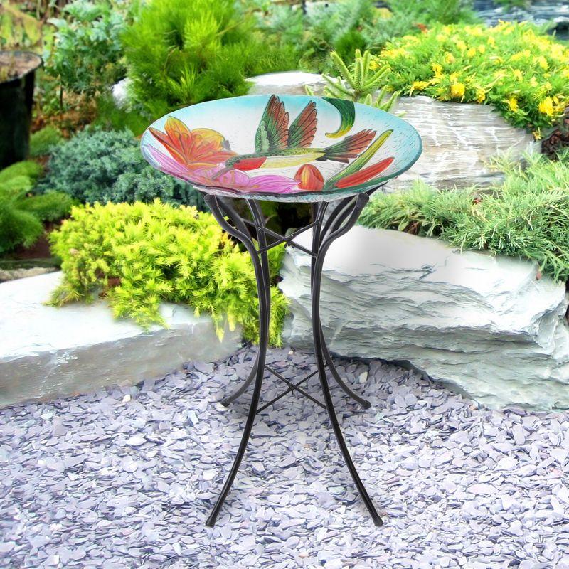 18" Multicolor Glass Hummingbird Birdbath with Metal Stand