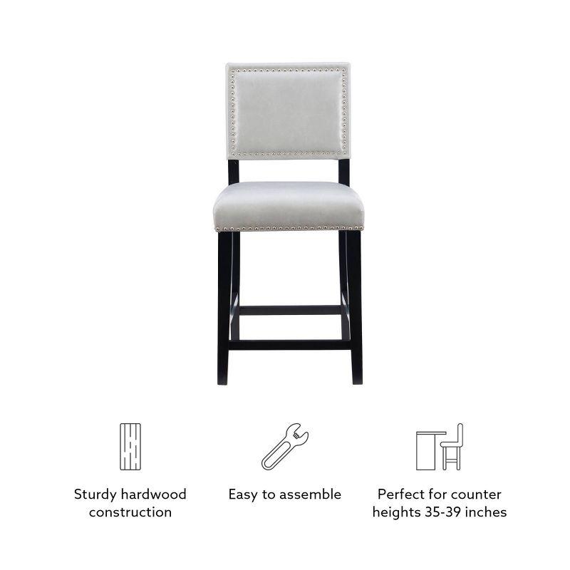 24" Brook Padded Back Faux Leather Nailhead Counter Height Barstool Gray - Linon: Solid Hardwood Frame, Footrails