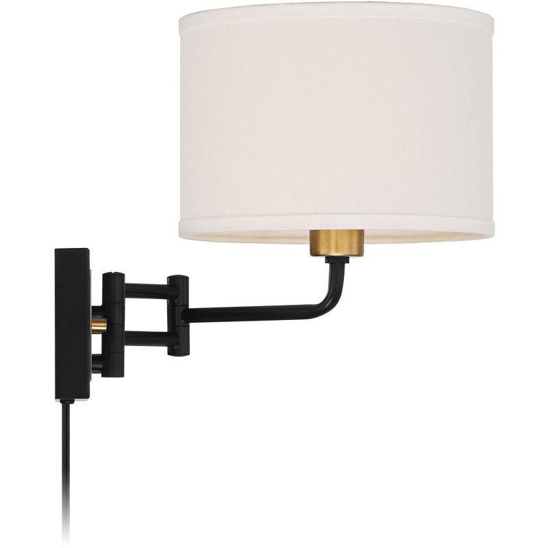 360 Lighting Joelle Modern Swing Arm Wall Lamp Brass Black Plug-in Light Fixture Fabric Drum Shade for Bedroom Bedside Living Room Reading Home House