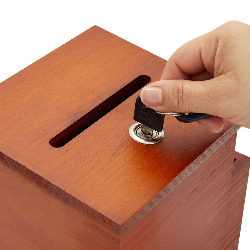 Juvale Wooden Suggestion Box with Lock and Keys, Brown Ballot Box with 50 Blank Suggestion Cards, Locking Lid and Side Slot for Donation, 7.5x7.1x5.5"