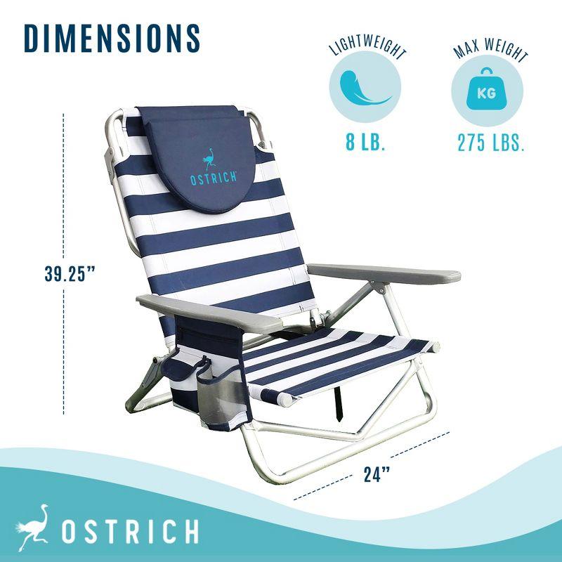 Ostrich On-Your-Back Sand Chair, Beach Reclining Lawn Chair w/Backpack Straps, Outdoor Furniture for Pool, Camping, or Backyard, Blue Stripe