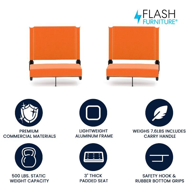 Flash Furniture Set of 2 Grandstand Comfort Seats by Flash - 500 lb. Rated Lightweight Stadium Chair with Handle & Ultra-Padded Seat, Orange