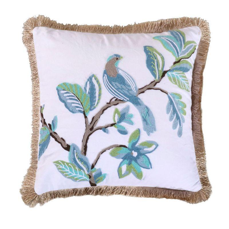 Ivory Embroidered Bird Frayed Edge Throw Pillow 18x18