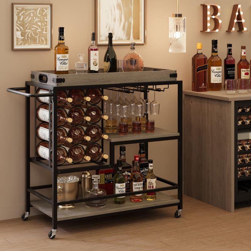 Retro Grey 3-Tier Rolling Bar Cart with Wine Rack and Glass Holder