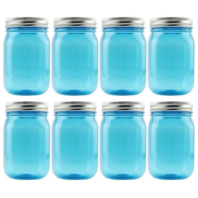 Cornucopia Brands 16oz Plastic Mason Jars 8pk, Blue/Silver; Mason Jar Style w/ Metal Lids, Pint Size, Compatible w/ Regular Mason Jar Lids