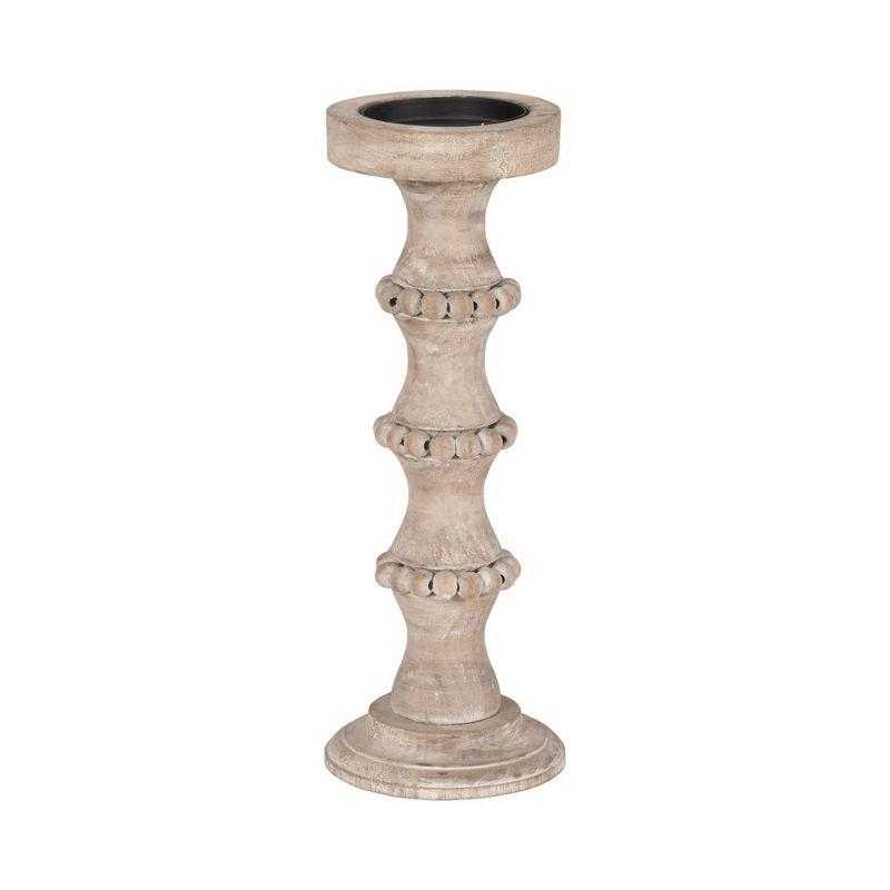 Wood Pillar Candle Holder with Decorative Beads, Antique Finish Candlestick for Home or Wedding Decor, Ivory/Beige