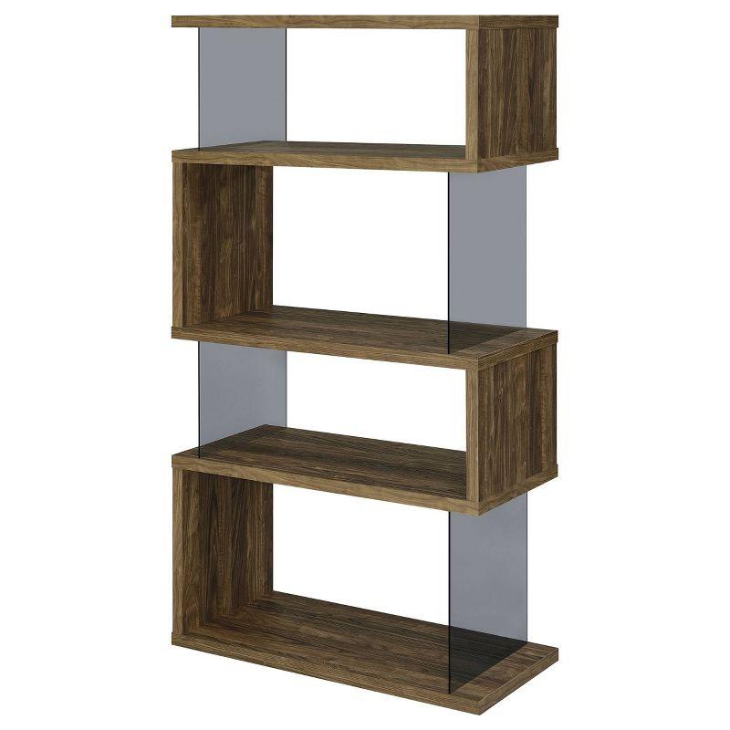 63" Emelle 4 Shelf Zig Zag Bookcase with Glass Panels Walnut - Coaster: Modern Laminated Storage Display