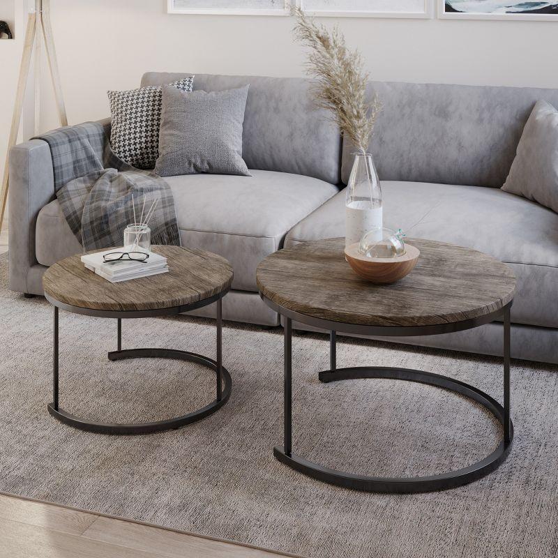 Lavish Home 2-Piece Round Nesting Coffee Tables, Modern Farmhouse Style, Gray/Brown