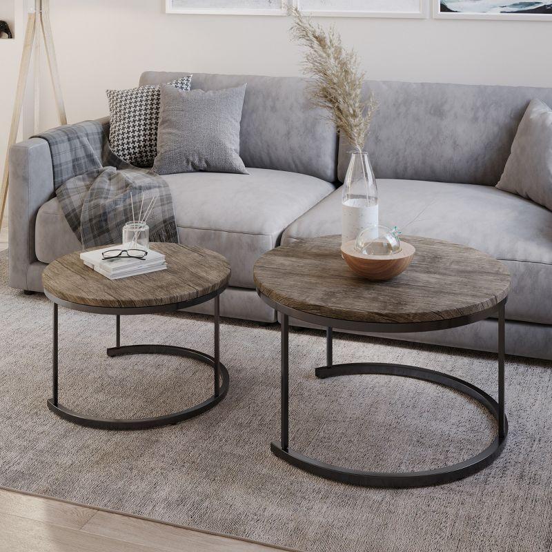 Modern Farmhouse Round Nesting Coffee Tables in Gray-Brown