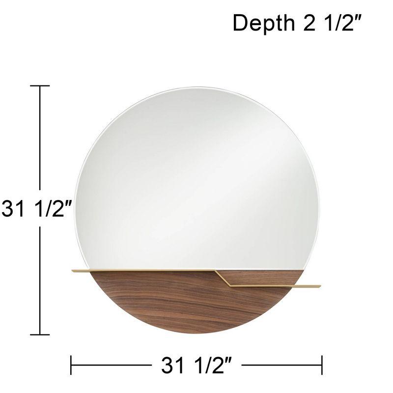 Possini Euro Design Loft Round Vanity Wall Mirror with Gold Shelf Modern Beveled Glass Brown Wood Frame 31 1/2" Wide for Bathroom