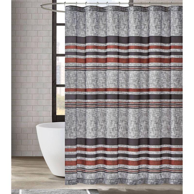 London Fog Warren Striped Shower Curtain Black/Gray : Microfiber, Machine Washable, Non-Slip Backing