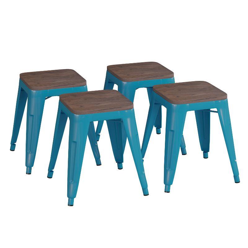Flash Furniture 18" Backless Table Height Stool with Wooden Seat, Stackable Teal Metal Indoor Dining Stool, Commercial Grade - Set of 4