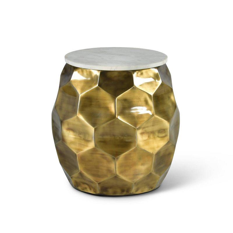 Stomp Round End Table Brass and Marble - Steve Silver Co.: Modern Accent Table, Iron Frame, White Marble Top