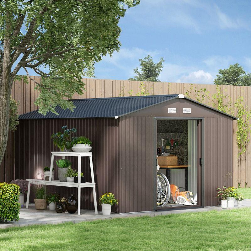 Outsunny 11' x 9' Metal Storage Shed Garden Tool House with Double Sliding Doors, 4 Air Vents for Backyard, Patio