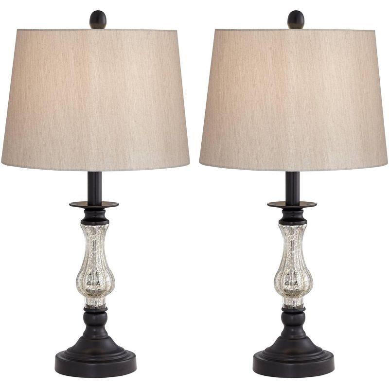 Barnes and Ivy 24" High Small Candlestick Traditional Accent Table Lamps Set of 2 Black Mercury Glass Metal Beige Shade Living Room Bedroom Bedside