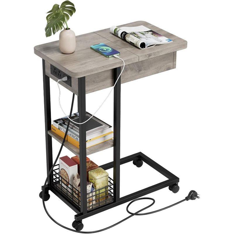 C-Shaped Side Table with Charging Station, Flip Top End Table with USB Ports and Outlets
