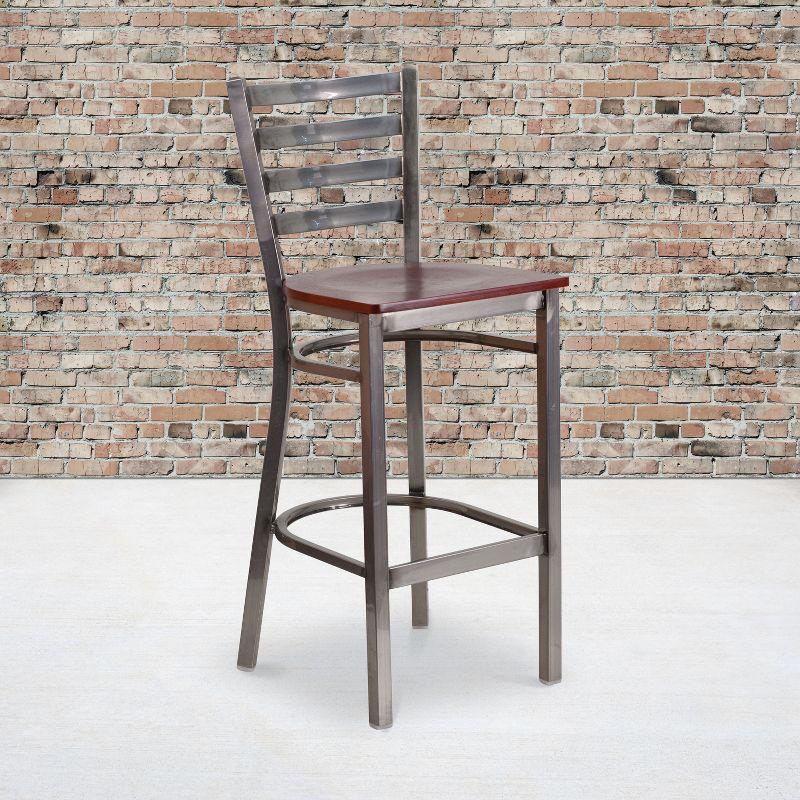 Flash Furniture HERCULES Series Clear Coated Ladder Back Metal Restaurant Barstool - Mahogany Wood Seat
