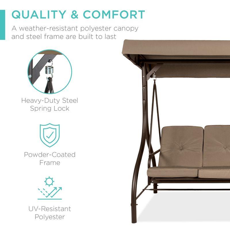 Best Choice Products 3-Seat Outdoor Converting Canopy Swing Glider Patio Hammock w/ Removable Cushions - Desert Taupe